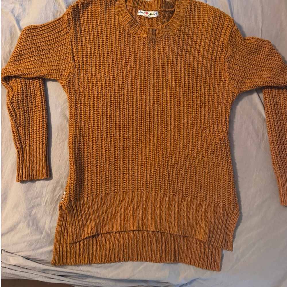 Love Change Italy Mustard Yellow Waffle Knit Sweater Side Zipper High Low Medium